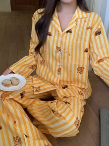 DAZY Women's Cartoon Animal Striped Single-Breasted Top And Long Pants Pajama Set - Yellow - View 7