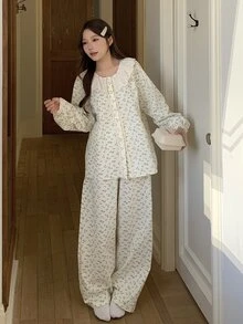 DAZY Women's Ditsy Floral Long Sleeve Single-Breasted Top And Pants Loungewear Set - Beige - View 13