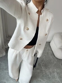 Rafferiza Women's Napoleon Style Coarse Wool Blend Luxury Metal Button Long Sleeve Jacket And Straight Leg Pants 2 Pieces Set, Cream White - Beige - View 3