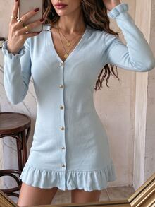 Cévolie Women's Slim Fit V-Neck Ruffle Design Button-Up Short Dress, Elegant Slim Fashion Minimalist Versatile, Suitable For Walking, Daily Wear And Other Occasions - Blue - View 8