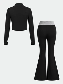 SHEIN Pakaian Anak Perempuan Remaja Musim Gugur/Dingin: Jaket Rajut Kasual Sehari-hari dengan Motif Huruf Warna Hitam Polos dan Celana Panjang Model Flare dengan Potongan Warna di Pinggang, Cocok untuk Kembali ke Sekolah. - Hitam - View 3