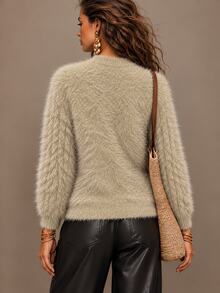 SHEIN Women's Autumn/Winter Loose Knit Cardigan, Faux Mink Fur Feel Thickened Sweater Jacket With Napoleon Buttons And Zipper Front - Camel - View 2