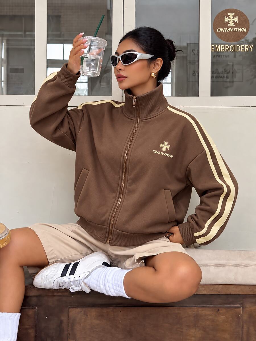 Dewbera Dewbera Women's Autumn/Winter Sports Jacket With Letter Side Stripes And Zipper Front - Coffee Brown - View 1