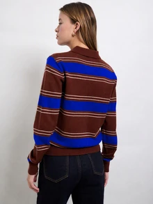 Nöista Knitted Casual Polo Collar Striped Shirt - Blue - View 4
