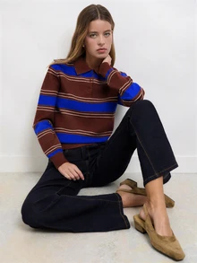 Nöista Knitted Casual Polo Collar Striped Shirt - Blue - View 1