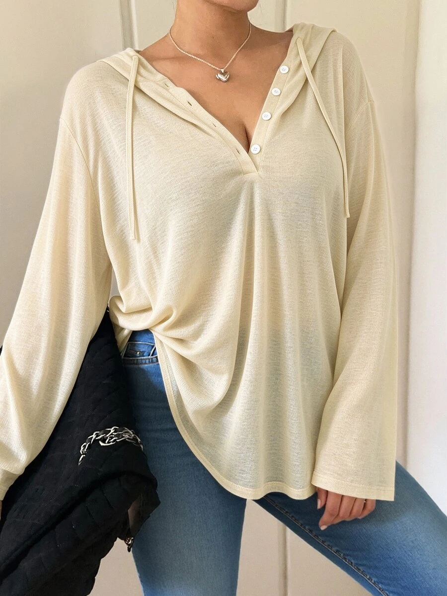 Vibekara 休閒優雅極簡風連帽寬鬆顯瘦套頭內搭T恤,大尺碼女款,秋冬灰色 - 杏色 - 查看 1
