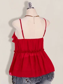 SHEIN ICON 大尺碼女款荷葉邊雪紡純色綁帶細肩帶背心 - 紅色 - 查看 8
