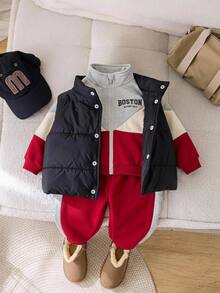 Cozy Pixies 2件組男嬰拼接色字母印花圓領長袖半拉鍊套頭運動衫與鬆緊腰慢跑長褲套裝 - 彩色 - 查看 1