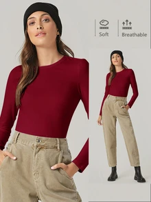 SHEIN BASICS 女款經典酒紅色長袖襯衫，柔軟透氣圓領百搭上衣，適合日常、夜生活、秋季休閒穿搭 - 酒紅色 - 查看 9