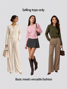 SHEIN BASICS 女款復古休閒純色單排扣長袖針織開襟衫 辦公日常上學商務 橄欖綠 秋季 - 淺粉色 - 查看 6