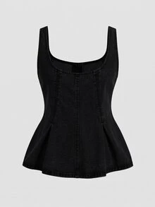 SHEIN MOD 大尺碼女款金屬鈕扣時尚水洗牛仔上衣 - 黑色 - 查看 2