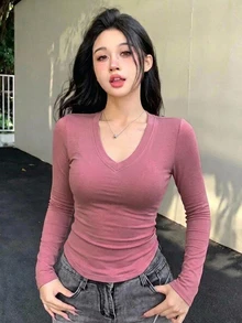 DAZY 女款粉色純色長袖打底 T 恤，休閒街頭風戶外運動婚禮上衣，適合秋冬夏季 - 玫紅色 - 查看 7