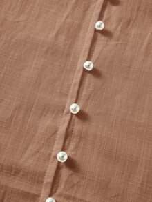 Rusticease Plus Size Autumn Vacation Solid Color Ruffle Collar Patchwork Water-Soluble Lace Front Button Lantern Sleeve Blouse White Elegant Boho Beach Fall - Mocha Brown - View 7