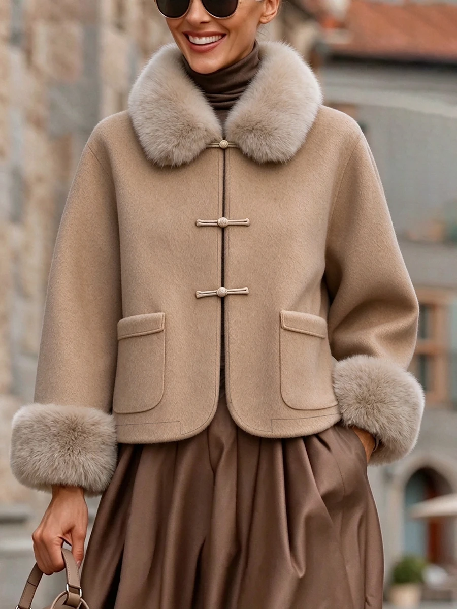 Balvessa Winter Women's Plush Patchwork Casual Versatile Wool Blend Jacket - Khaki - View 1