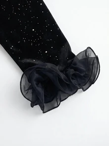 GlowEve CURVE Plus Size Rhinestone Collar Shiny Velvet Mini Dress, Long Sleeve Ruffle Hem Evening Party Black Gown - Black - View 3
