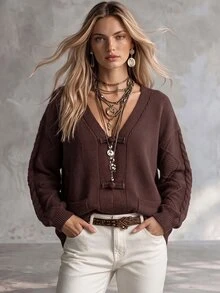 SHEIN New Chinese Style Loose Slouchy V-Neck Frog Button Knit Cardigan - Coffee Brown - View 3