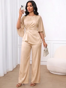 SHEIN Lady 女款優雅通勤上衣與長褲兩件套 - 卡其色 - 查看 7