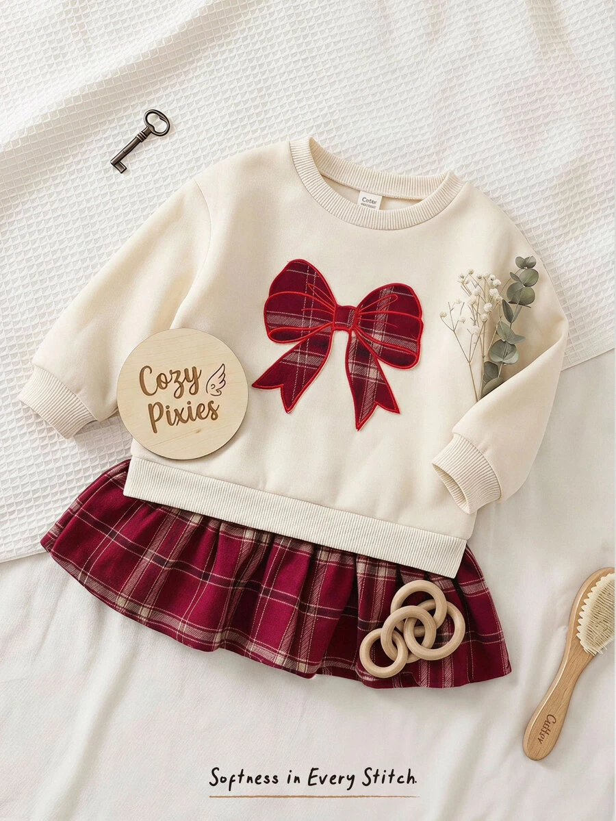 Cozy Pixies Newborn Baby Applique Embroidery Contrast Color Plaid Patchwork Dress - Multicolor - View 1