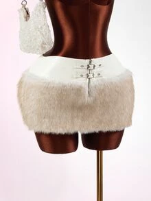 Mistrie Women's Sexy Faux Fur & Metal Button Patchwork Skirt - White - View 9