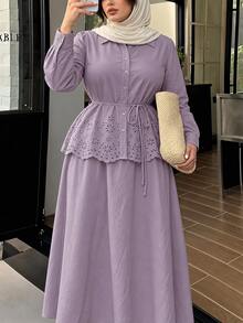 Solavon Plus Size Women's Hollow Embroidery Single-Breasted Shirt And Skirt Elegant Two Pieces Set - Purple - View 5