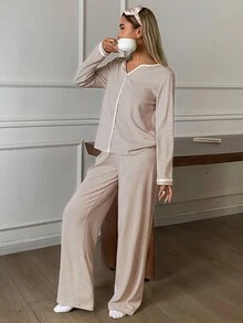 DAZY 2pcs Striped V-Neck Loose Long Sleeve Straight Leg Long Pajama Pants Set Women's Sleepwear - Red - View 5