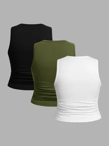 SHEIN CURVE+ 3件組大尺碼純色休閒圓領細肩帶背心上衣套裝，2026秋冬 22W - 彩色 - 查看 17