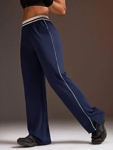 Powerista Women's Navy Blue & White Contrast Elastic Waist Knit Loose Wide Leg Split Hem Pants - Navy Blue - View 3
