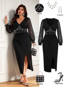Femmeverse Plus Size Women's Waist-Cinching Beaded Asymmetrical Hemline Contrast Mesh Lightweight Dress - Black - View 1