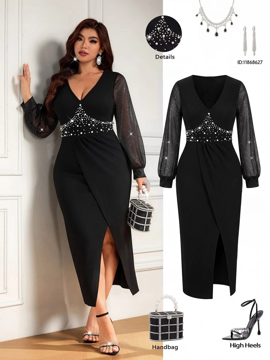 Femmeverse Plus Size Women's Waist-Cinching Beaded Asymmetrical Hemline Contrast Mesh Lightweight Dress - Black - View 1
