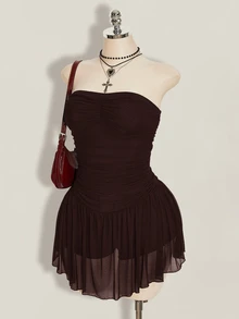 SHEIN ICON Women's Plus Size Retro Goth Sexy Fashion Individual Simple Elegant Y2K Black Strapless Mesh Dress With Gathered Chest Going Out Rave Summer - Brown - View 4