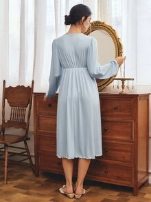 Côtesoire South France Elegant Mature Contrast Color Lace Women's Nightgown - Blue - View 5