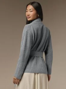 COSMINA 女款休閒優雅極簡長袖前綁帶針織衫，百搭秋季辦公室黑色秋裝冬季女裝 - 灰色 - 查看 2