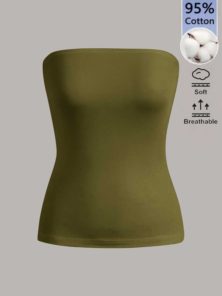 SHEIN BASICS 女款純色修身百搭日常居家旅行抹胸上衣 黑色 夏季極簡端莊休閒百搭 日常白天穿著 - 軍綠色 - 查看 1