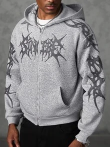 SLATEMANN Men's Gothic Pattern Zip-Up Casual Hoodie - Grey - View 5