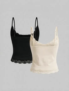 Aloruh 95%棉女款夏季休閒日常通勤簡約百搭純色對比蕾絲修身短版2件組細肩帶背心上衣，百搭夏季2件套，女款休閒上衣，白色上衣，春季休閒背心，適合外出、海灘度假、約會、浪漫優雅、節慶、音樂節、時尚 - 彩色 - 查看 2