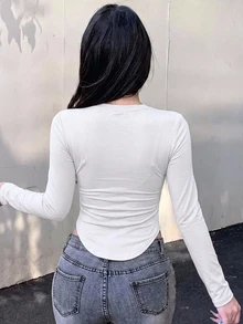 DAZY 女款純色圓領長袖底層T恤，休閒街頭風戶外運動婚禮上衣，適合秋冬夏季 - 白色 - 查看 2