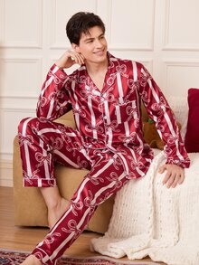 CoupledUp Christmas Couple Men's Bowknot Print Single-Breasted Top And Pants Loungewear Set - Multicolor - View 4