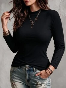 Linhara Plus Size Women's Autumn Daily Elegant Lace Decor, Tie Neck Design, Long Sleeve T-Shirt Top Suitable For Daily Commute, Party, Casual Occasions And More - Black - View 6