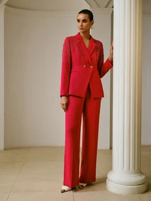 ZEYLAH Women's Elegant Beaded Button Blazer Jacket For Office - Red - View 3
