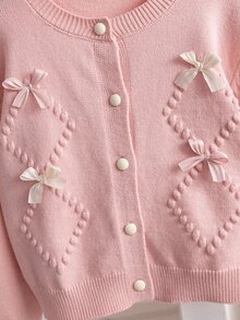 SHEIN 8-12歲女孩甜美風2件套，蝴蝶結裝飾菱格紋針織開襟外套配百褶裙，春夏/秋冬日常穿著、生日派對、外出女孩針織套裝 - 粉色 - 查看 5