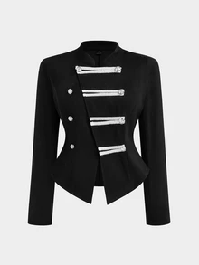Sweetra Plus Size Women's Colorblock Casual Daily Long Sleeve Jacket - Black - View 1