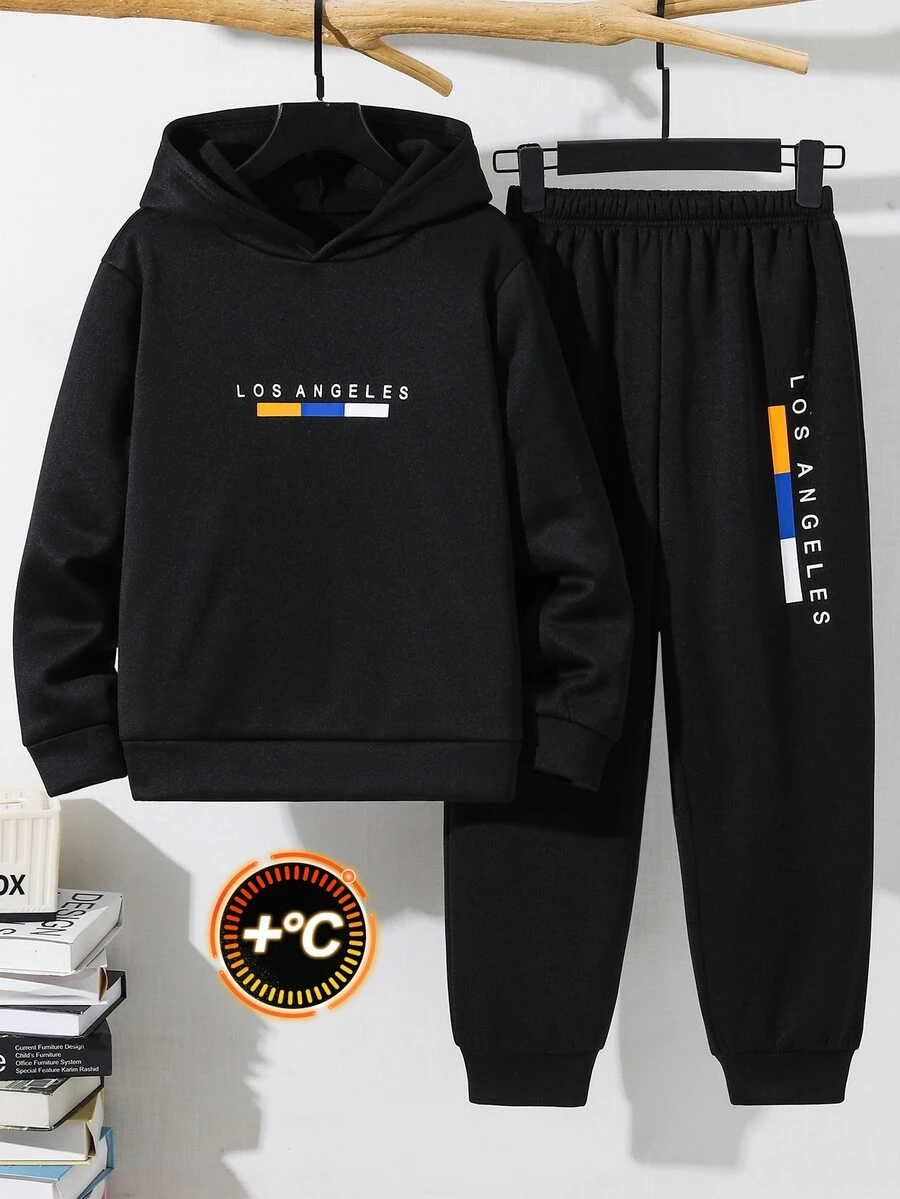 SHEIN Tween Boy Letter Print Long Sleeve Sweatshirt And Jogger Pants Set - Black - View 1