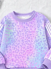 女童 2 件套時尚休閒幻彩豹紋拼色條紋圓領長袖衛衣與豹紋條紋寬腿褲套裝，柔軟面料，適合聖誕出遊，秋冬穿著 - 彩色 - 查看 3
