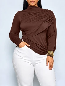 SOLERSUN Plus Size Women's Asymmetric Pleated Long Sleeve T-Shirt, Dropped Shoulder Slim Fit Top, Elegant Unique Basic T-Shirt Fall - Coffee Brown - View 2