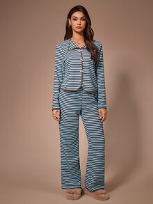 Lazeform Women's Casual Knitted Striped Long Sleeve Pants Bow Decor Loungewear Pajama Set - Multicolor - View 4