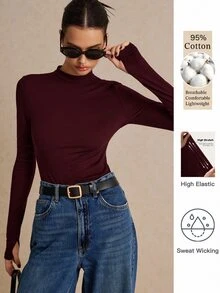 Poéselle Women High Stretch Knit 100 Cotton Turtleneck T-Shirt Solid Basic Layering Top Versatile Four Season Back To School Wardrobe Staple Everyday - Burgundy - View 1