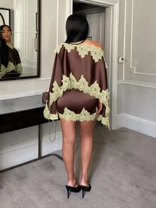 SHEIN SXY 女款撞色蕾絲不對稱肩蝙蝠袖上衣與緊身裙時尚優雅兩件套，適合早午餐、茶會，棕色 - 彩色 - 查看 2