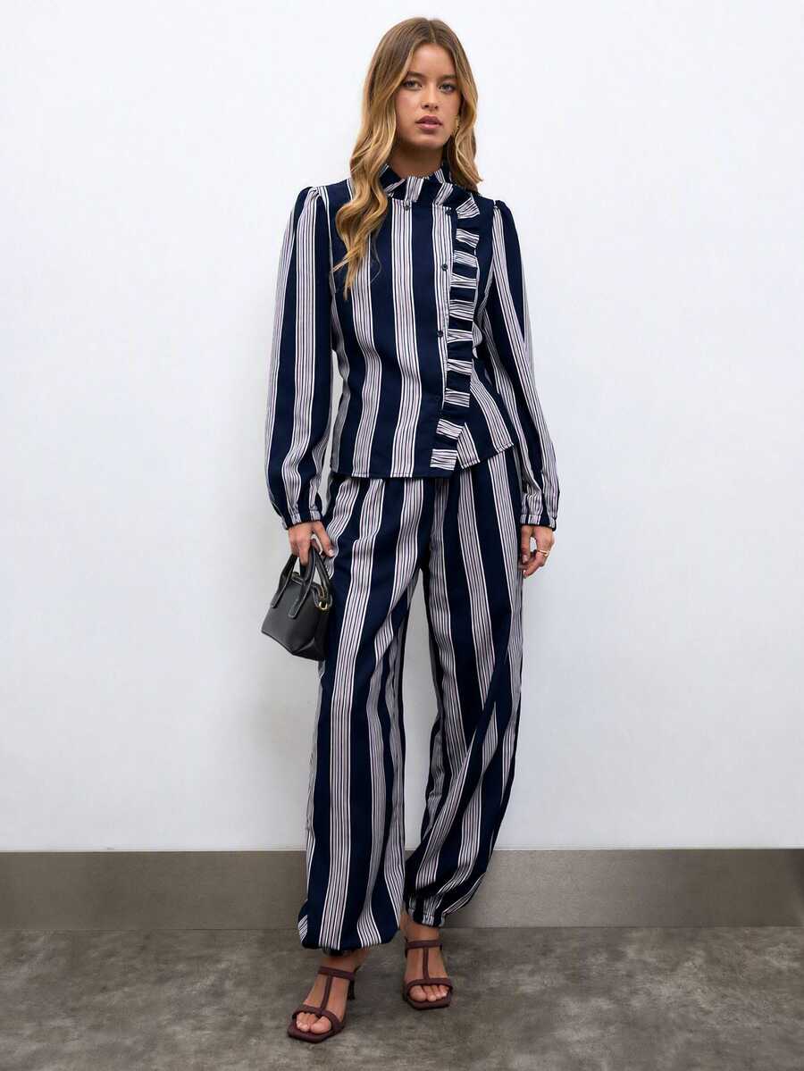Nöista Women's Button Ruffle Trim Blouse And Striped Colorblock Jogger Pants Set - Navy Blue - View 1
