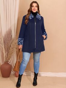 EMERY ROSE Plus Size Fall Clothes Curve Thanksgiving Women Leopard Print Patchwork Woolen Overcoat, Autumn Winter - Navy Blue - View 4