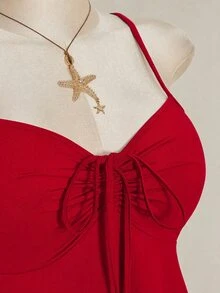 SHEIN ICON 女款大尺碼春夏復古可愛商務休閒性感簡約日常度假通勤時尚Y2K前胸抓褶抹胸黑色洋裝 - 紅色 - 查看 7